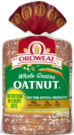 Oroweat Oatnut bread loaf with whole grains packaging