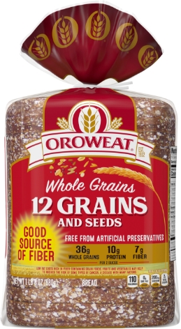 Bread loaf labeled Oroweat 12 Grains and Seeds