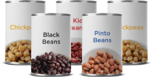 Cans of chickpeas and beans displayed together