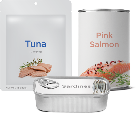 Canned and packaged tuna, salmon, and sardines displayed